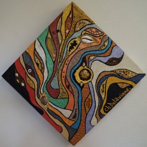 N° 223 ) L'ARBRE AUX CAURIS . ( Mixte sur bois , 55 cm x 55 cm ). Le tableau peut se mettre dans 3 positions différentes .